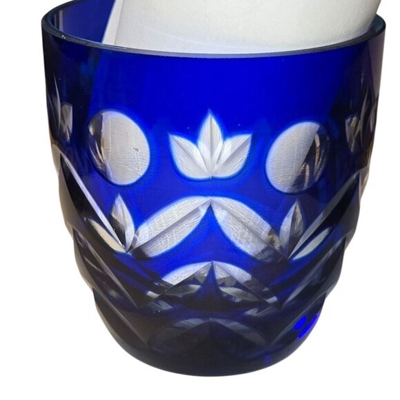 Bohemian Cobalt Blue Cut Glass Bedside Water Vase & Tumbler Set With Floral Etch - Picture 4 of 7